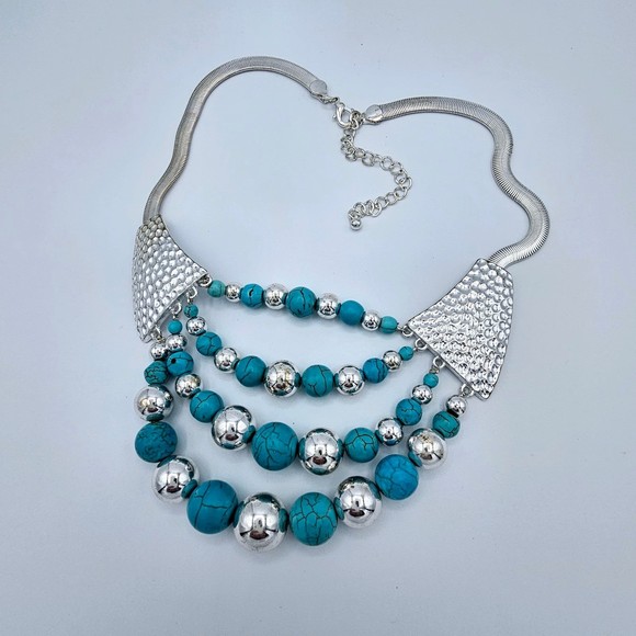Faux Turquoise Necklace Bib Silvertone Multi Layer Beaded Statement Jewelry - Picture 5 of 8
